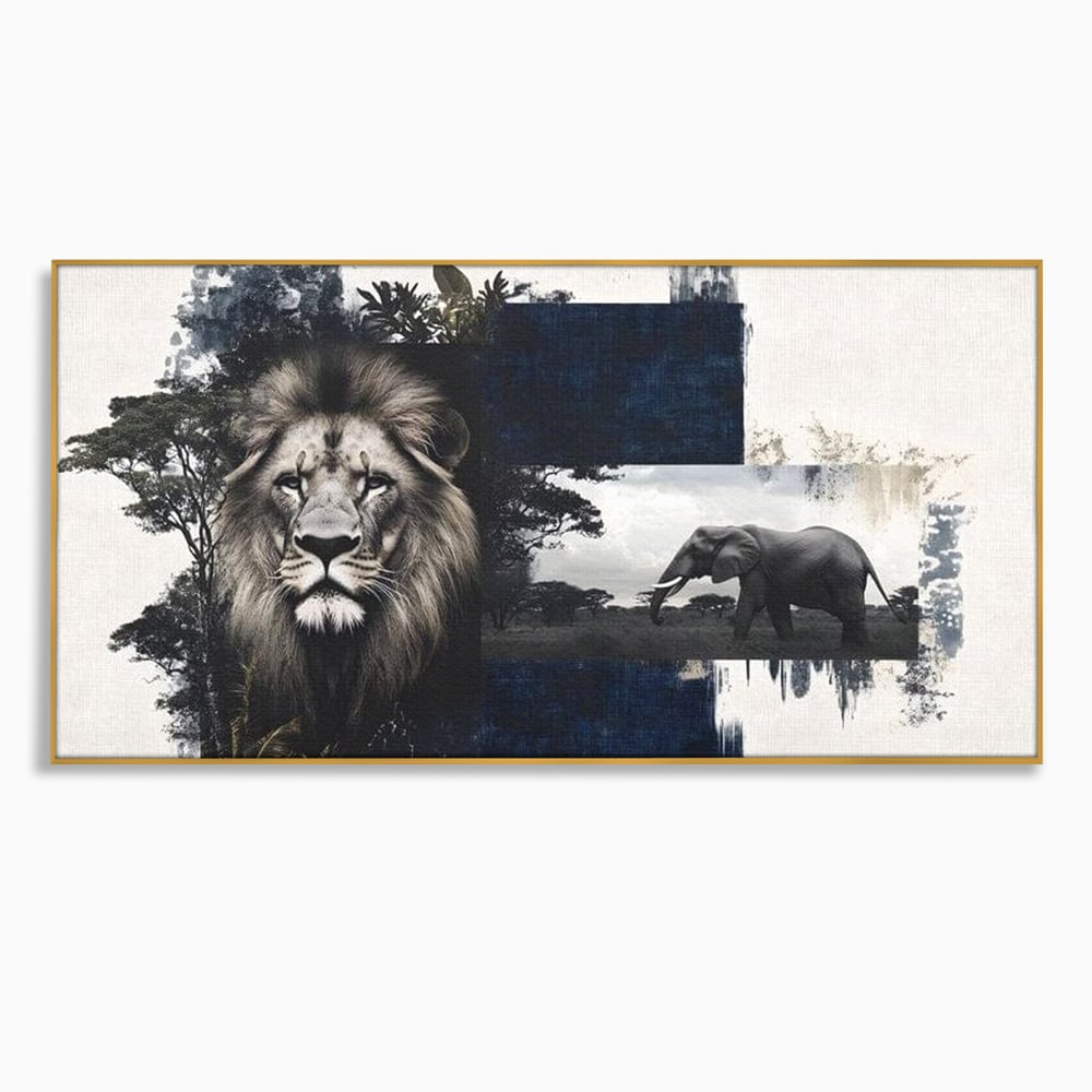 Tablou canvas cu tablou canvas cu leu si elefant, in rama de aluminiu auriu