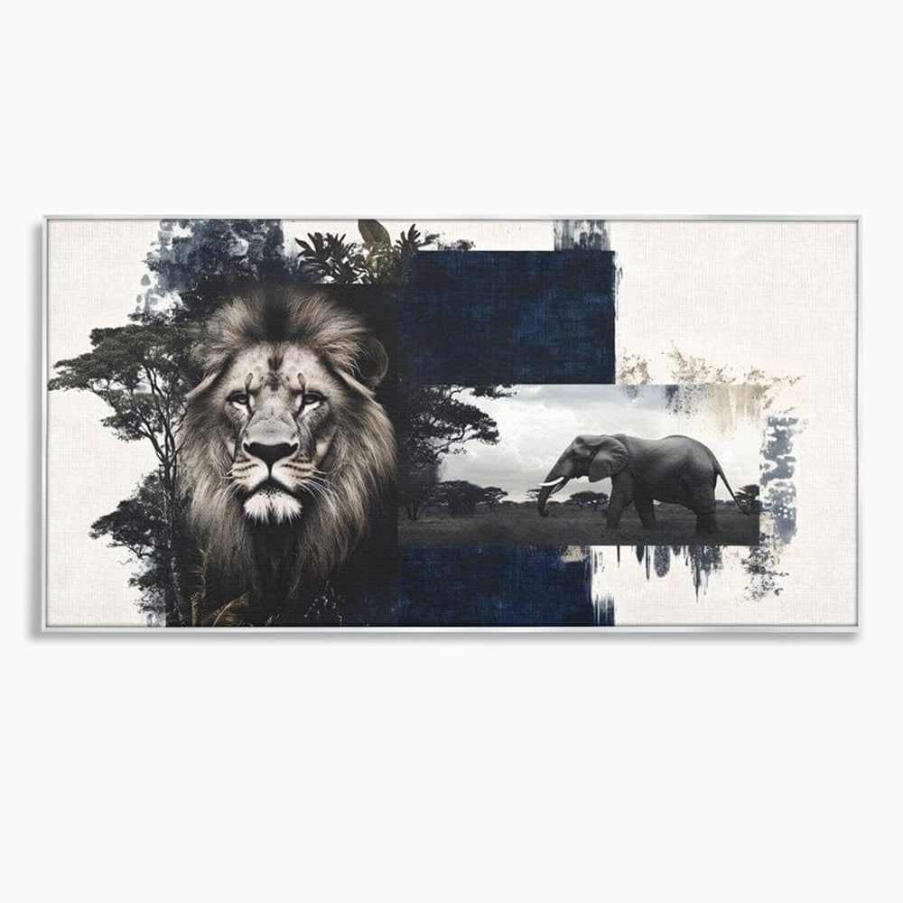 Tablou canvas cu tablou canvas cu leu si elefant, in rama de aluminiu argintiu