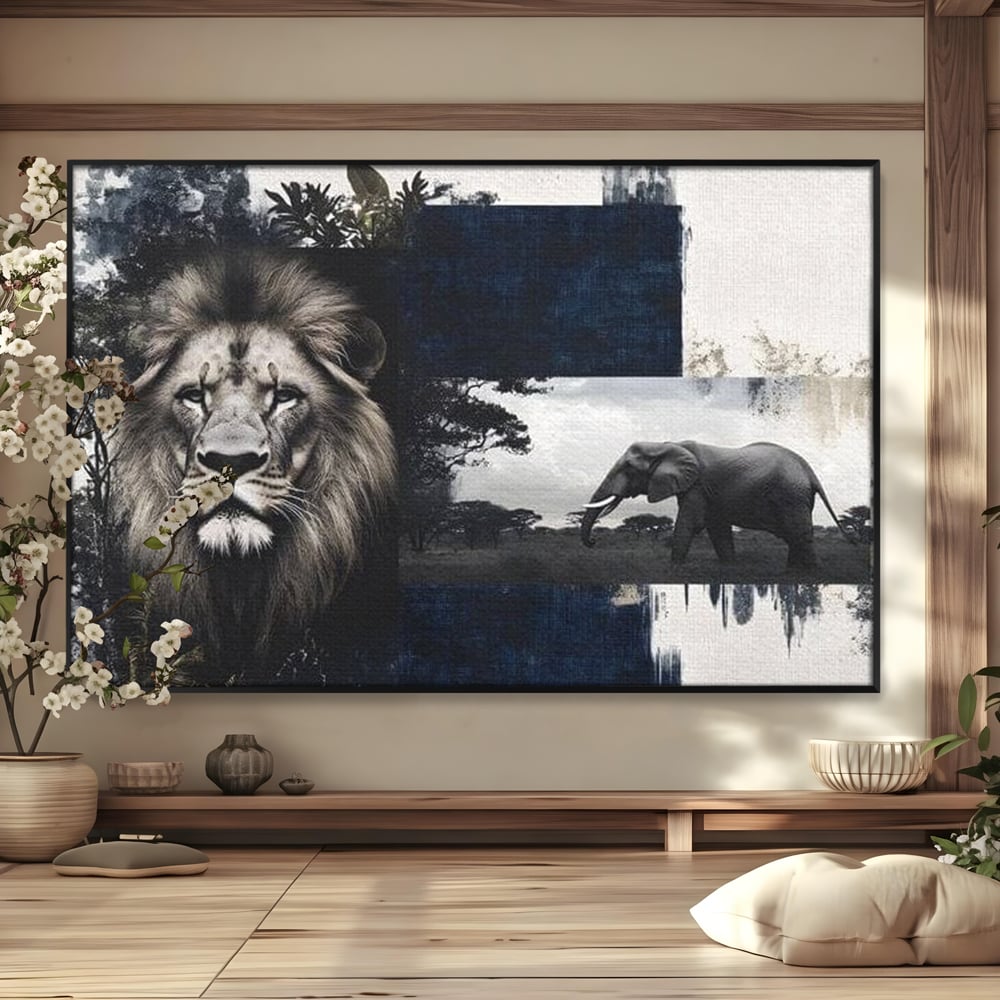 Tablou canvas cu tablou canvas cu leu si elefant, in rama de aluminiu negru