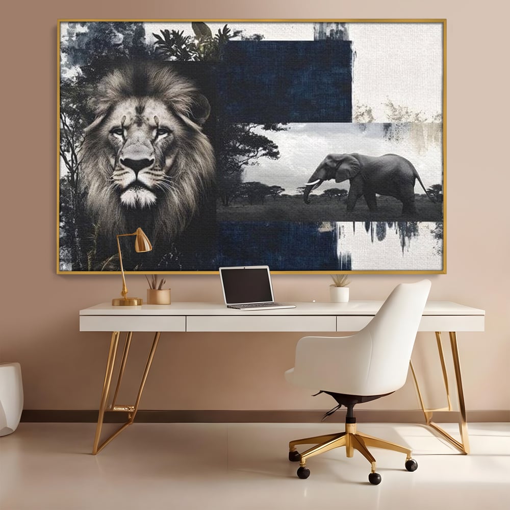 Tablou canvas cu tablou canvas cu leu si elefant, in rama de aluminiu auriu, pe perete intr-un birou