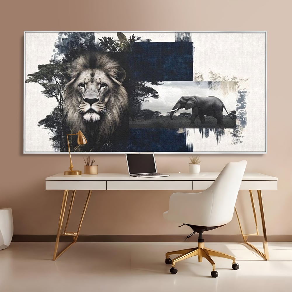 Tablou canvas cu tablou canvas cu leu si elefant, in rama de aluminiu argintiu, pe perete intr-un birou