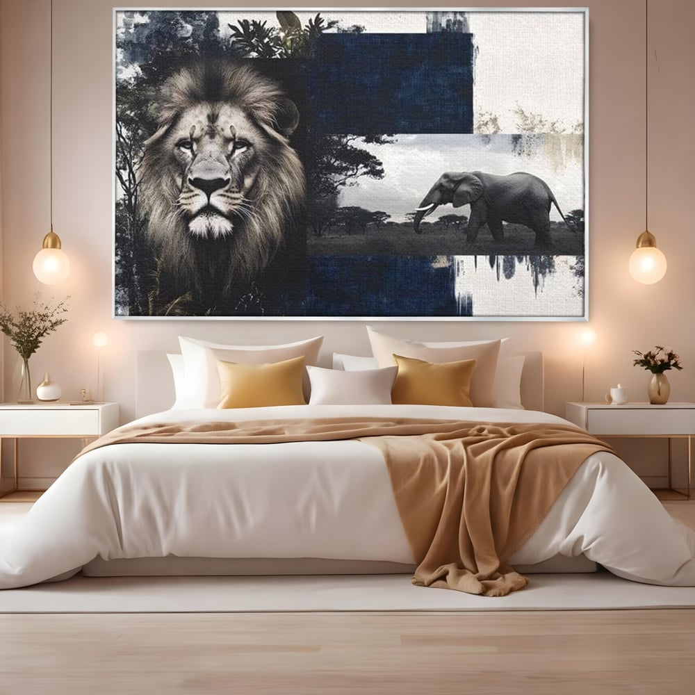 Tablou canvas cu tablou canvas cu leu si elefant, in rama de aluminiu argintiu, pe perete intr-un dormitor