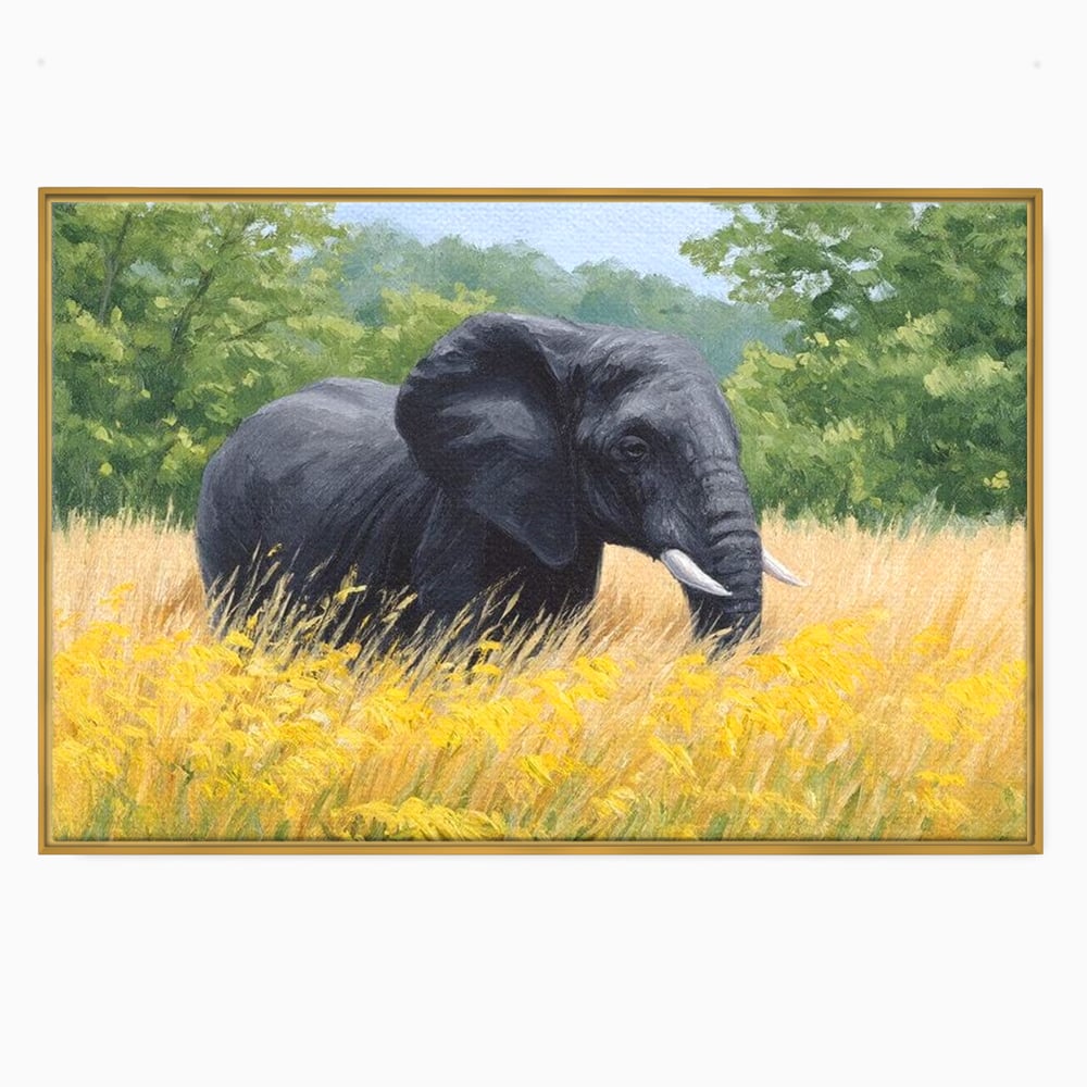 Tablou canvas cu pictura cu elefant pe pajiste, in rama de aluminiu auriu