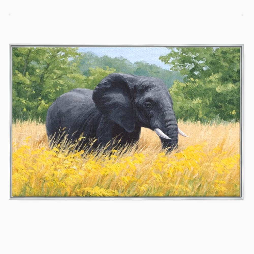 Tablou canvas cu pictura cu elefant pe pajiste, in rama de aluminiu argintiu