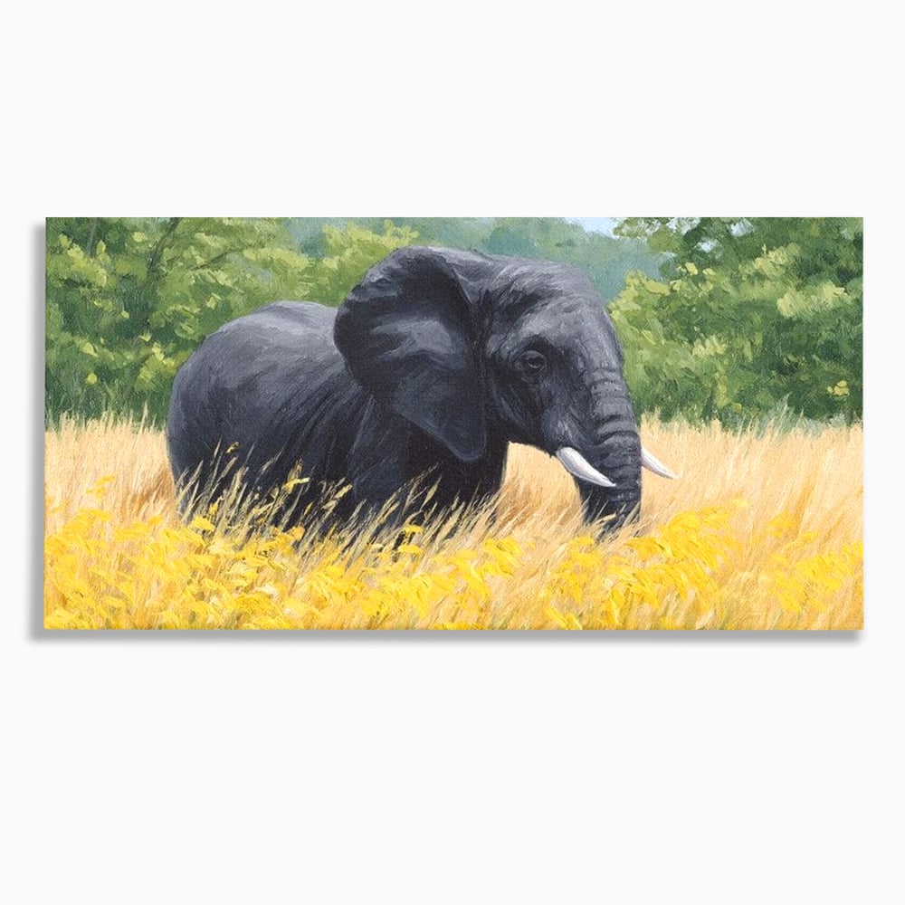 Tablou canvas cu pictura cu elefant pe pajiste, fara rama, pe sasiu de lemn