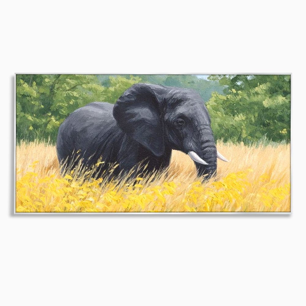 Tablou canvas cu pictura cu elefant pe pajiste, in rama de aluminiu argintiu