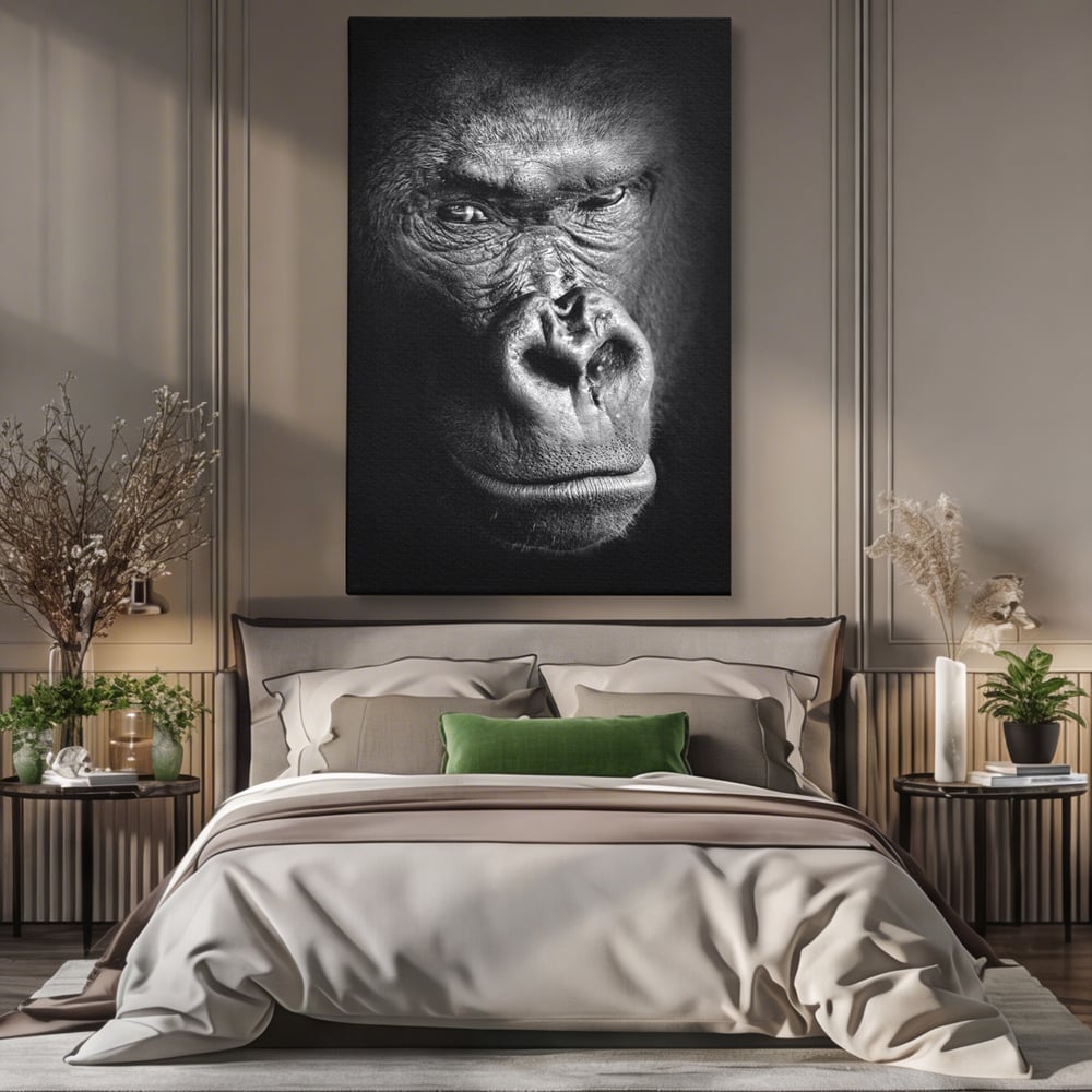 Tablou canvas cu tablou canvas cu portret de gorila, fara rama, pe sasiu de lemn, pe perete intr-un dormitor