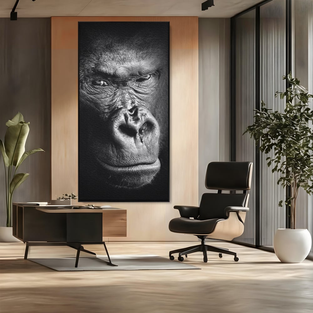Tablou canvas cu tablou canvas cu portret de gorila, in rama de aluminiu negru, pe perete intr-un birou