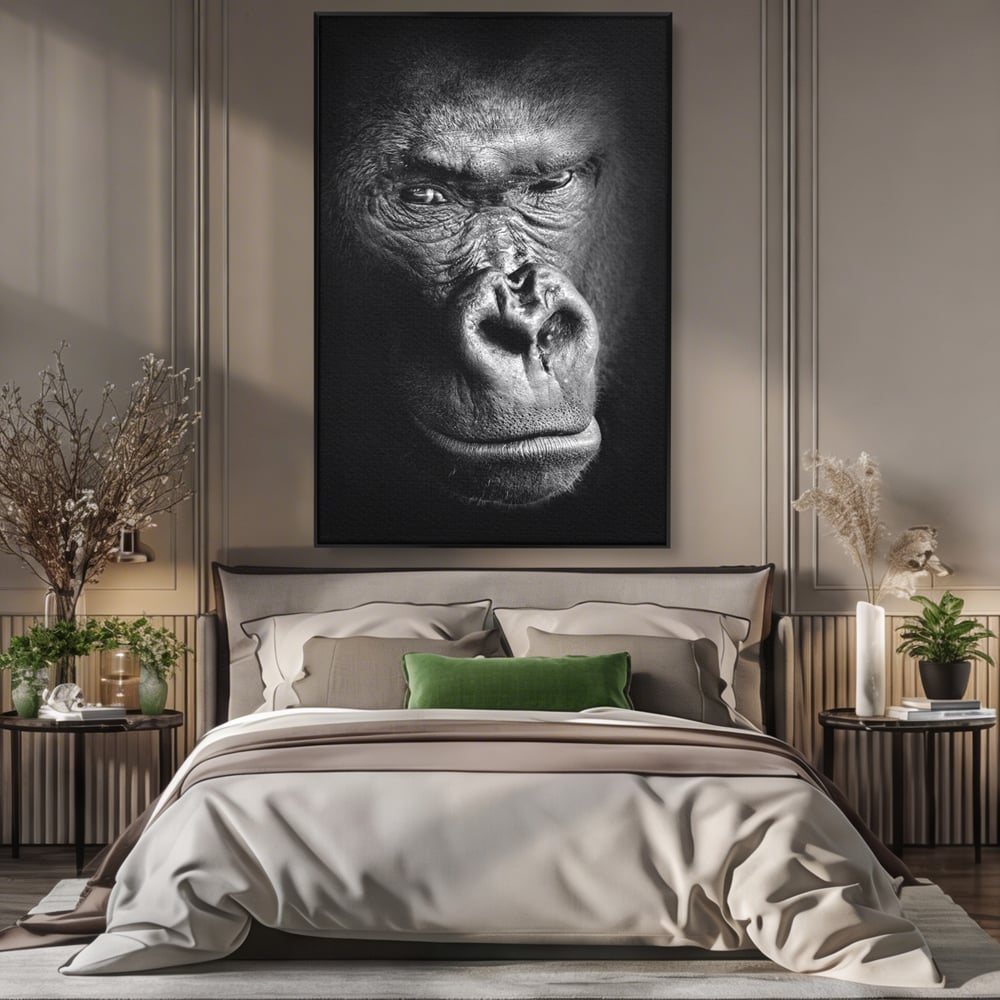 Tablou canvas cu tablou canvas cu portret de gorila, in rama de aluminiu negru, pe perete intr-un dormitor