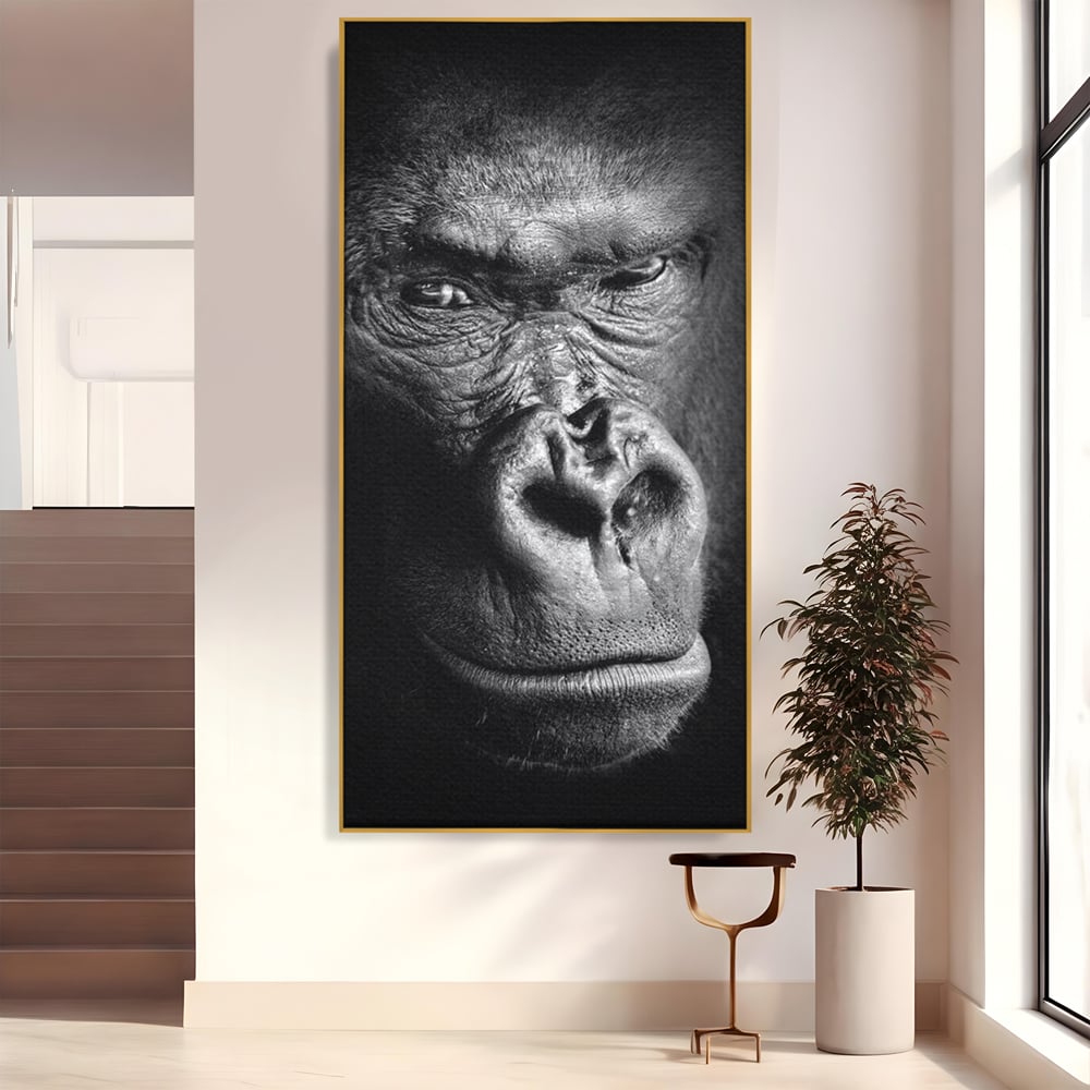 Tablou canvas cu tablou canvas cu portret de gorila, in rama de aluminiu auriu