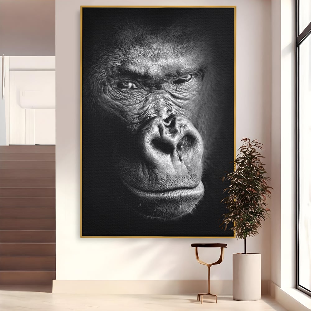 Tablou canvas cu tablou canvas cu portret de gorila, in rama de aluminiu auriu