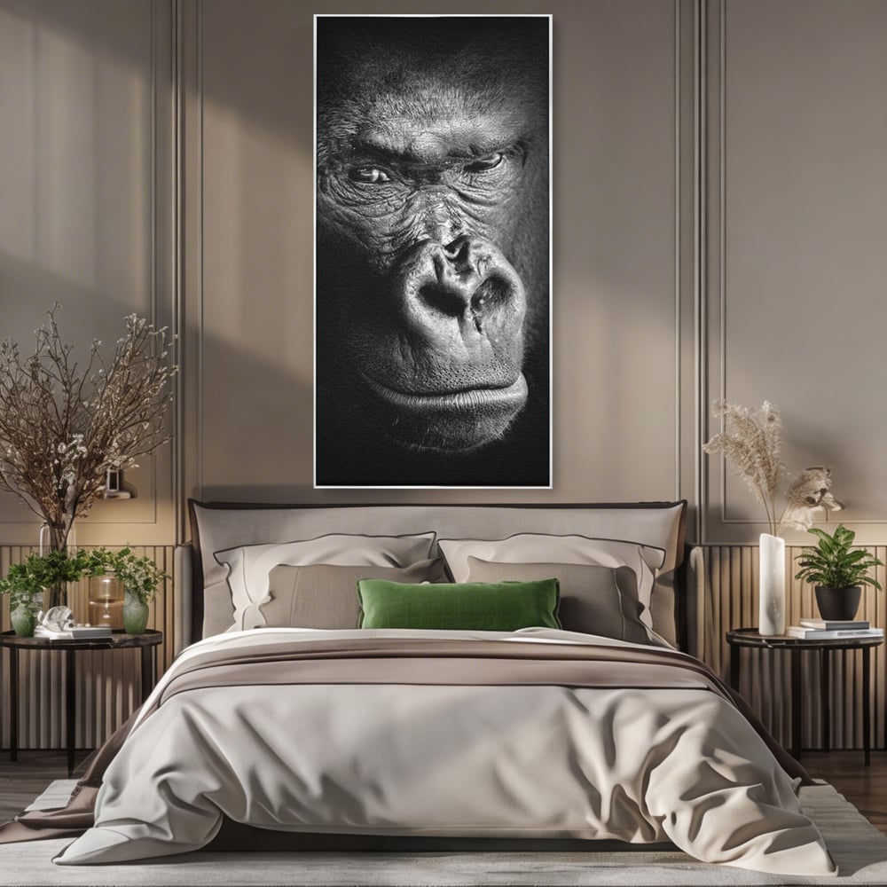 Tablou canvas cu tablou canvas cu portret de gorila, in rama de aluminiu argintiu, pe perete intr-un dormitor