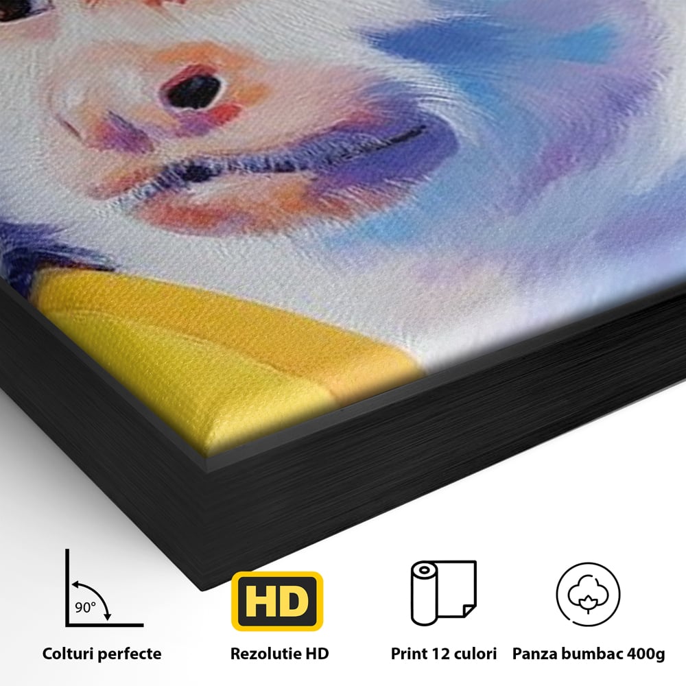 Detaliu al suprafetei: tablou canvas cu maimuta pop art si banana, in rama de aluminiu negru