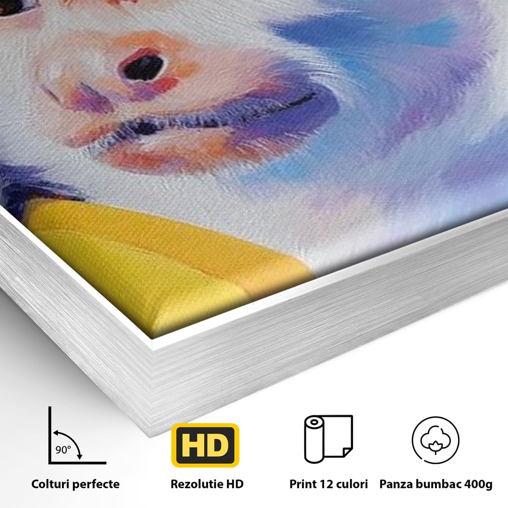 Detaliu al suprafetei: tablou canvas cu maimuta pop art si banana, in rama de aluminiu argintiu