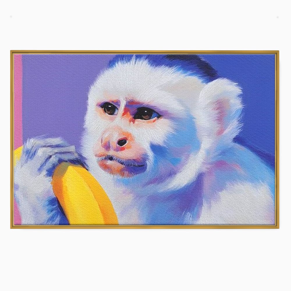 Tablou canvas cu tablou canvas cu maimuta pop art si banana, in rama de aluminiu auriu