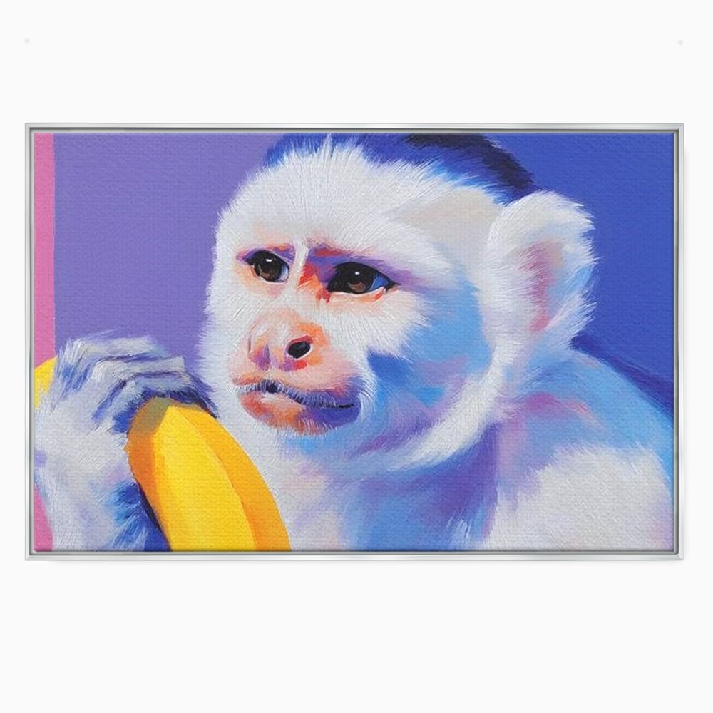 Tablou canvas cu tablou canvas cu maimuta pop art si banana, in rama de aluminiu argintiu