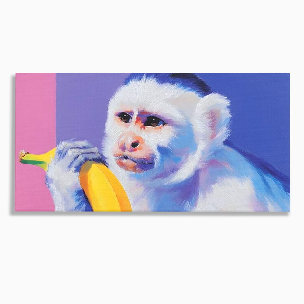 Tablou canvas cu tablou canvas cu maimuta pop art si banana, fara rama, pe sasiu de lemn