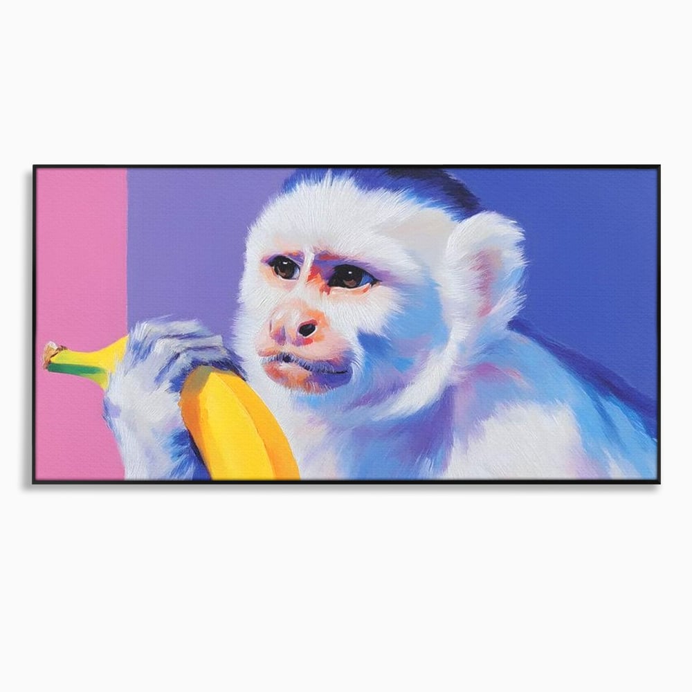 Tablou canvas cu tablou canvas cu maimuta pop art si banana, in rama de aluminiu negru