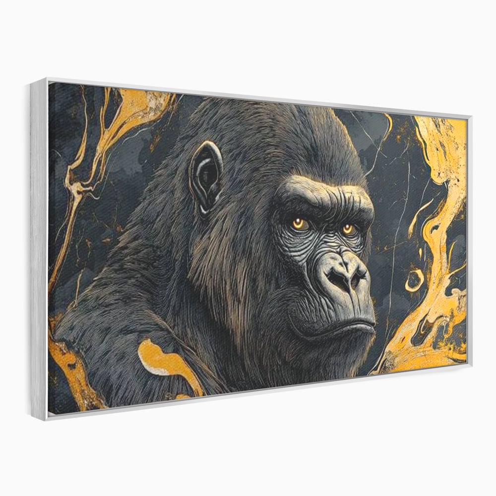 Tablou canvas cu tablou canvas cu gorila si detalii aurii, in rama de aluminiu argintiu