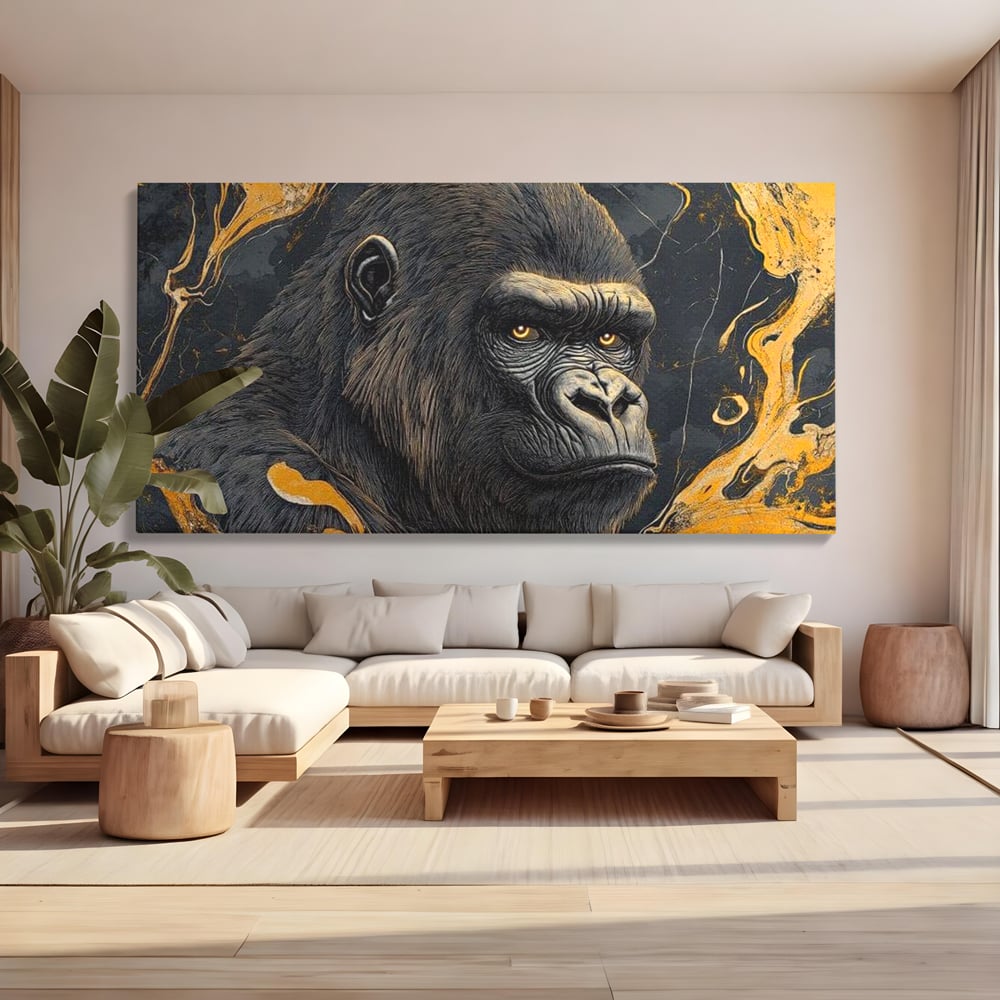Tablou canvas cu tablou canvas cu gorila si detalii aurii, fara rama, pe sasiu de lemn, pe perete intr-un living