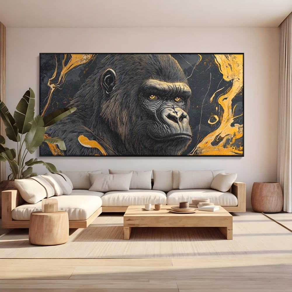 Tablou canvas cu tablou canvas cu gorila si detalii aurii, in rama de aluminiu negru, pe perete intr-un living