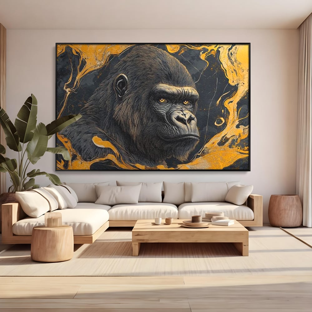 Tablou canvas cu tablou canvas cu gorila si detalii aurii, in rama de aluminiu negru, pe perete intr-un living