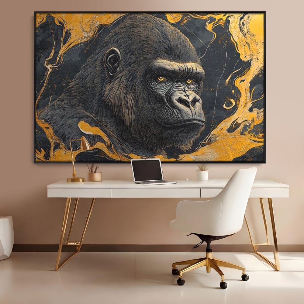 Tablou canvas cu tablou canvas cu gorila si detalii aurii, in rama de aluminiu negru, pe perete intr-un birou