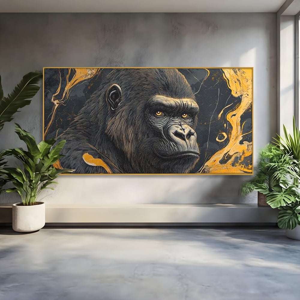 Tablou canvas cu tablou canvas cu gorila si detalii aurii, in rama de aluminiu auriu