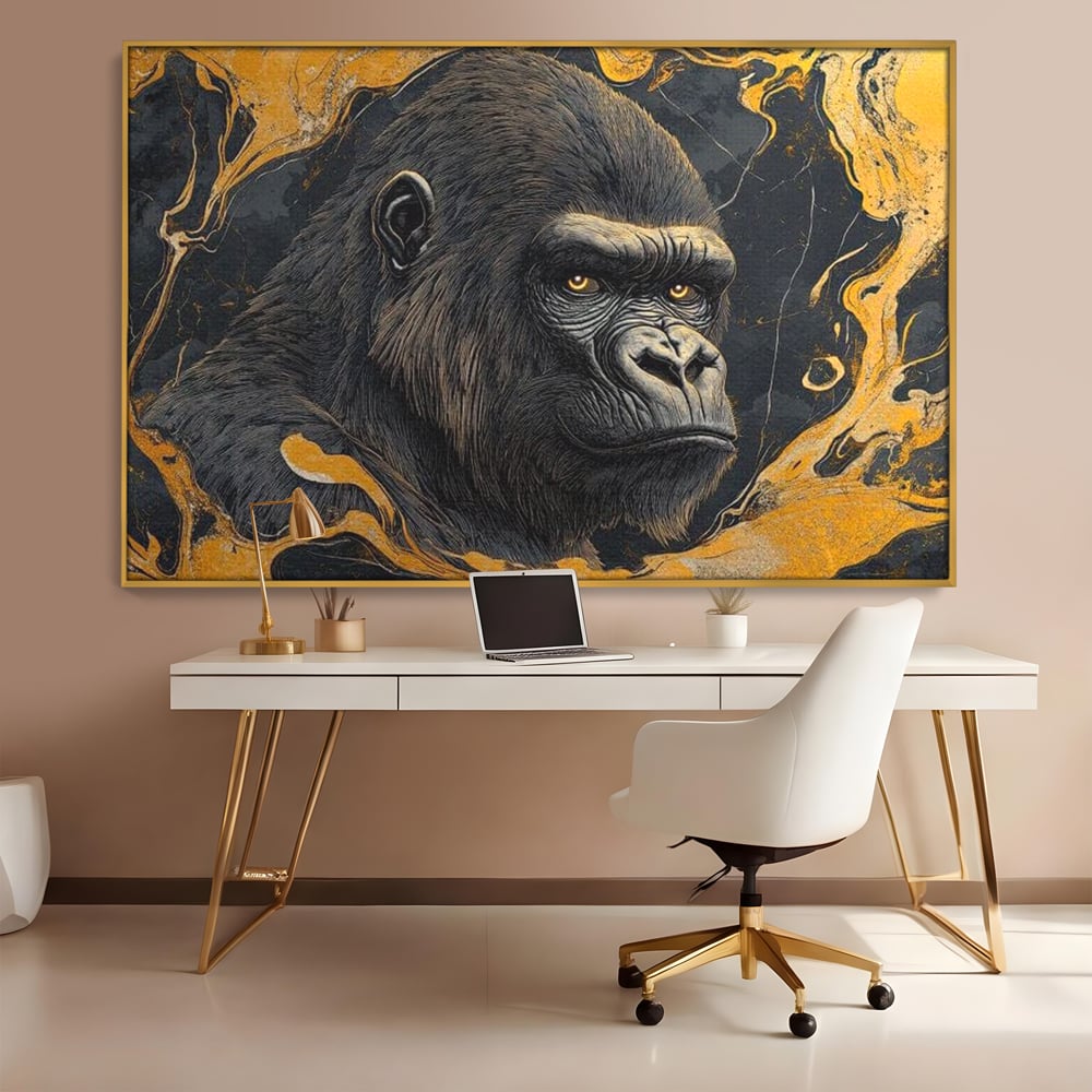 Tablou canvas cu tablou canvas cu gorila si detalii aurii, in rama de aluminiu auriu, pe perete intr-un birou