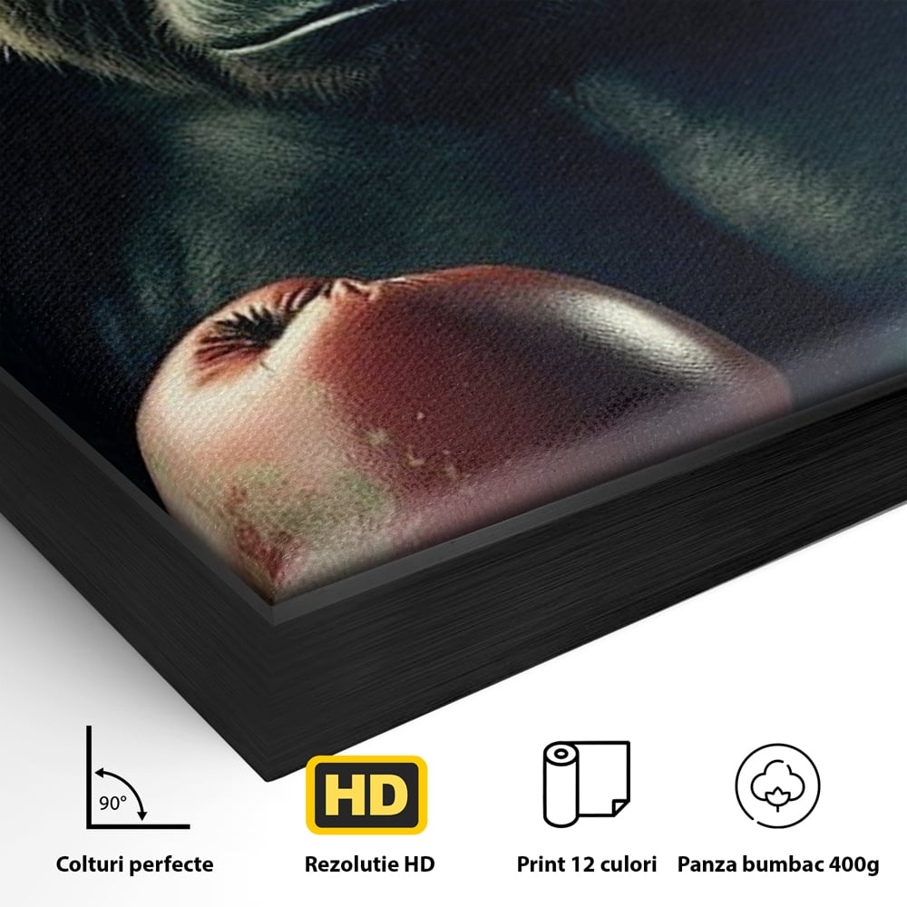 Detaliu al suprafetei: tablou canvas cu gorila boxer, in rama de aluminiu negru