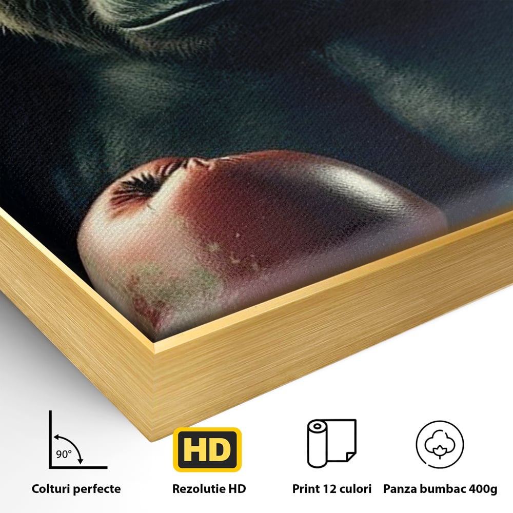 Detaliu al suprafetei: tablou canvas cu gorila boxer, in rama de aluminiu auriu