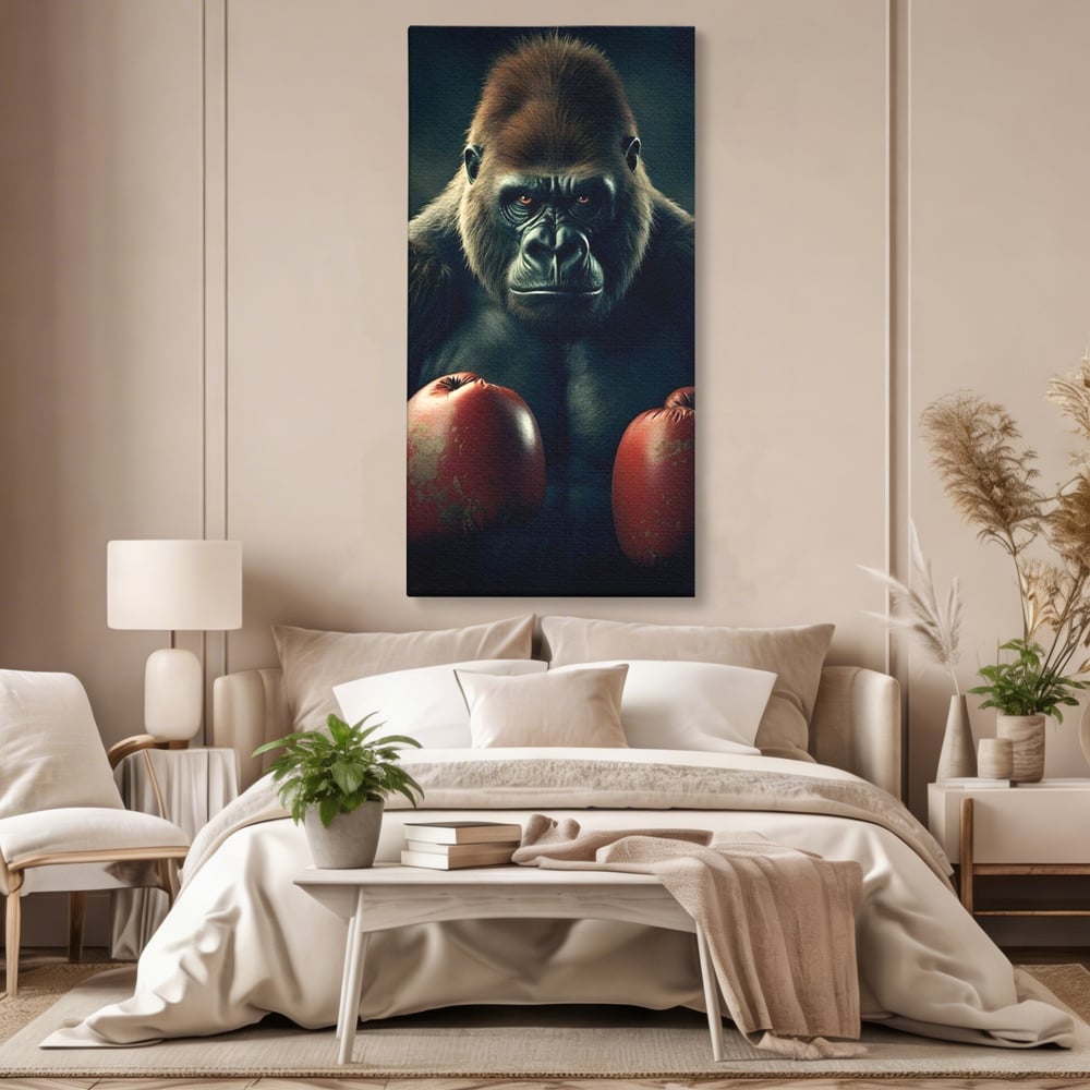 Tablou canvas cu tablou canvas cu gorila boxer, fara rama, pe sasiu de lemn, pe perete intr-un dormitor