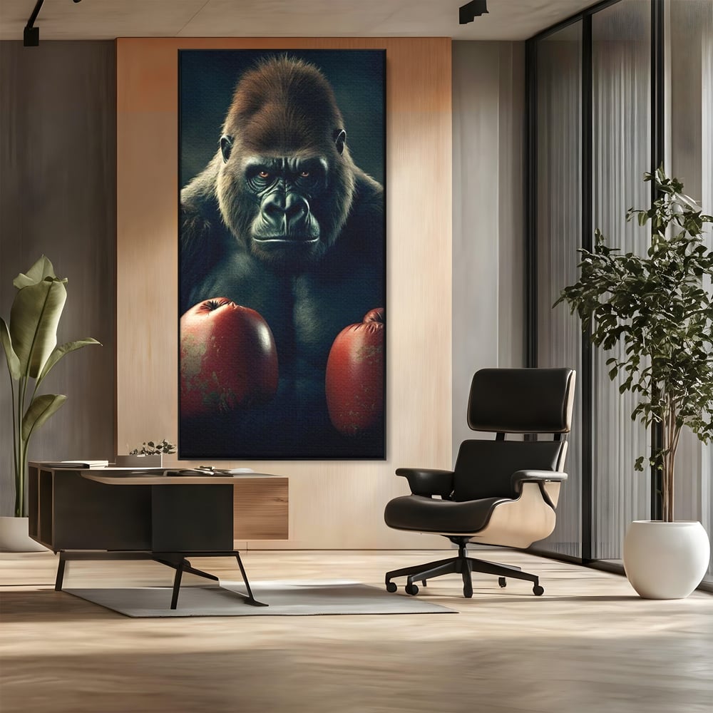 Tablou canvas cu tablou canvas cu gorila boxer, in rama de aluminiu negru, pe perete intr-un birou