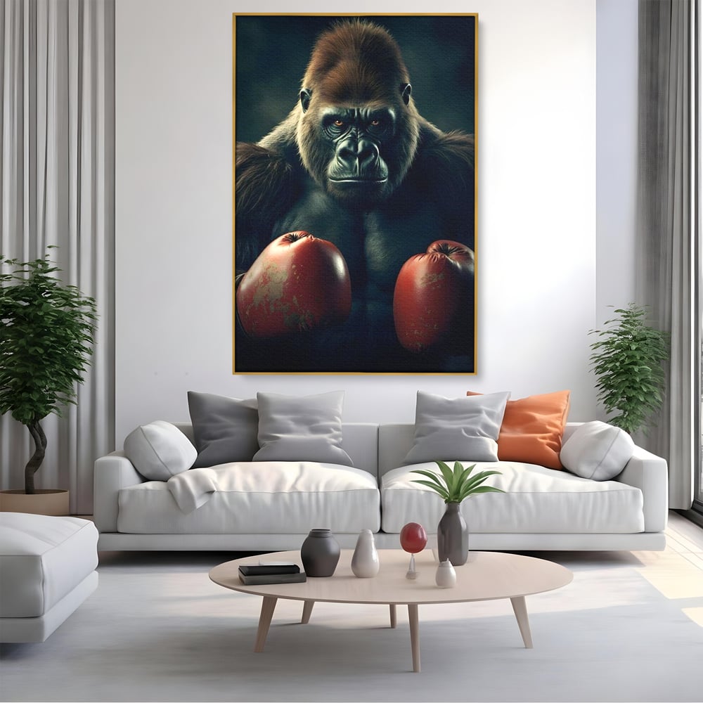 Tablou canvas cu tablou canvas cu gorila boxer, in rama de aluminiu auriu, pe perete intr-un living
