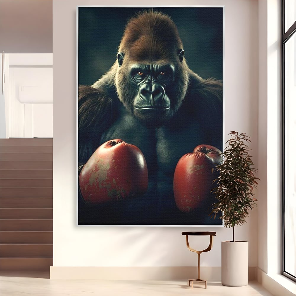 Tablou canvas cu tablou canvas cu gorila boxer, in rama de aluminiu argintiu