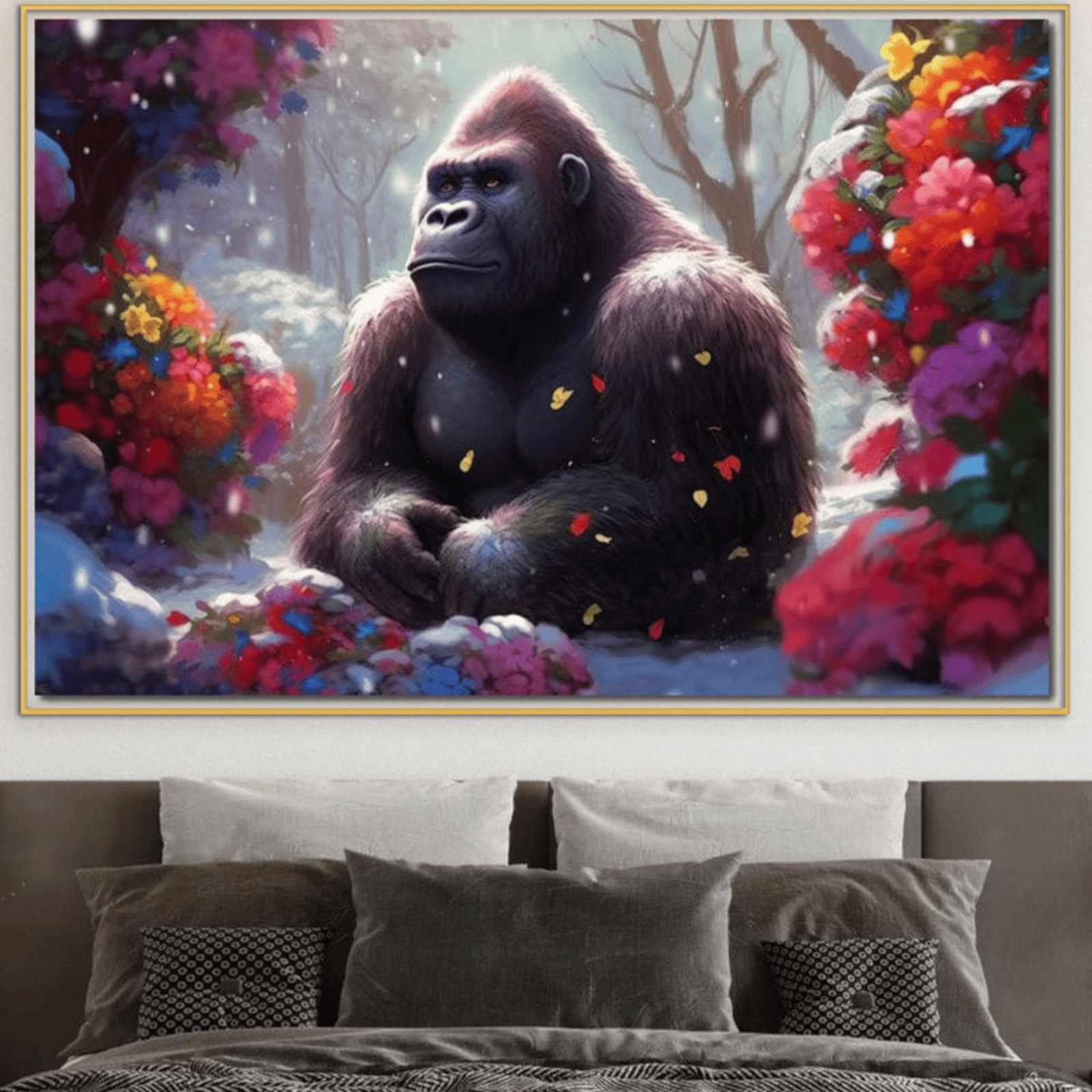 Tablou Canvas Premium, LuxCanva® M1331, Gorila Visatoare, Natura, Padure, Flori, Iarna, Zapada, Pace, Visare, Armonie, Relaxare, Gorila, Animale, Birou, Living, Camera Copil