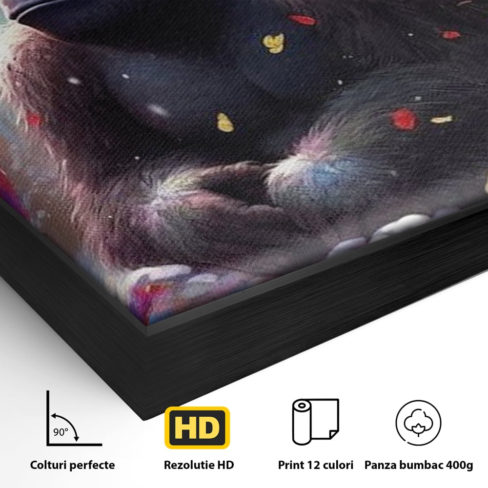 Detaliu al suprafetei: tablou canvas cu gorila si flori, in rama de aluminiu negru