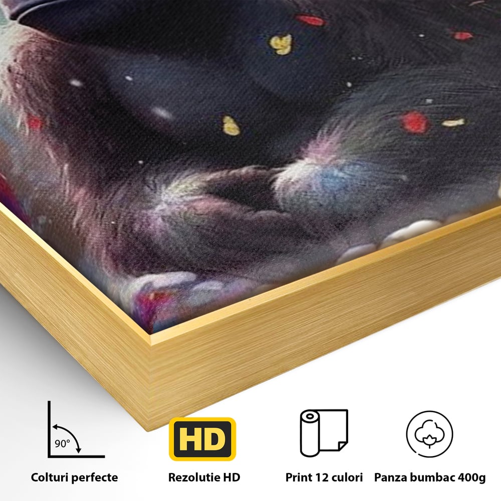 Detaliu al suprafetei: tablou canvas cu gorila si flori, in rama de aluminiu auriu