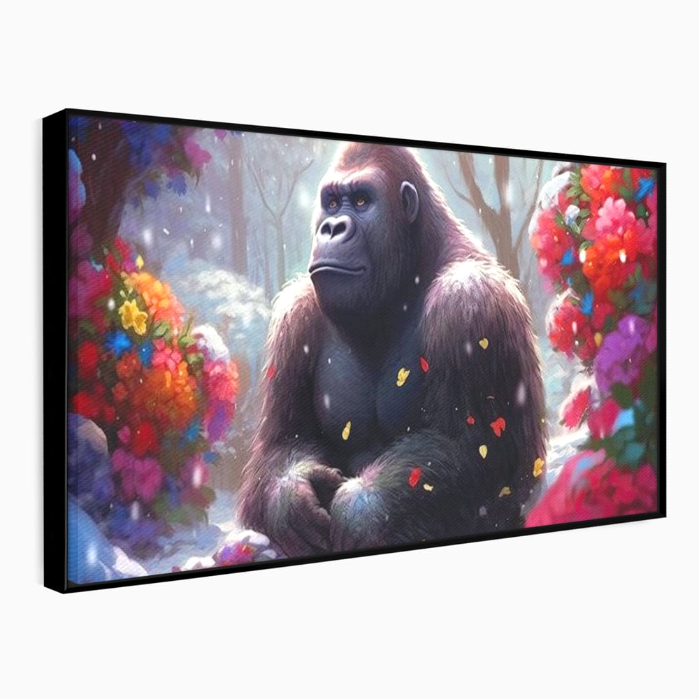 Tablou canvas cu tablou canvas cu gorila si flori, in rama de aluminiu negru