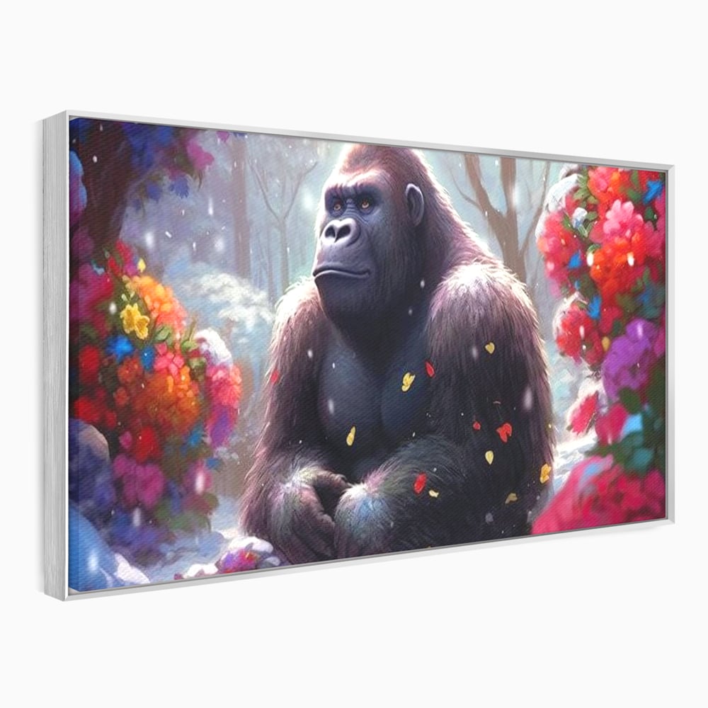 Tablou canvas cu tablou canvas cu gorila si flori, in rama de aluminiu argintiu