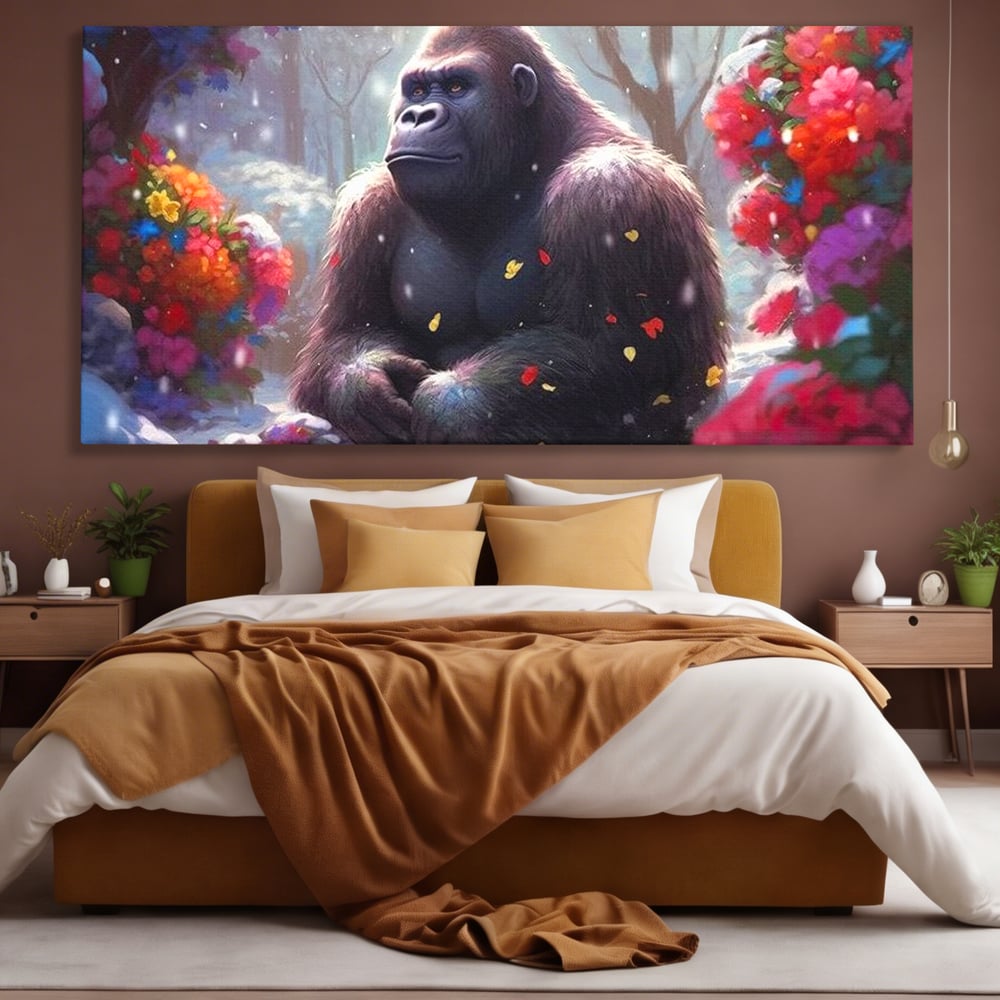Tablou canvas cu tablou canvas cu gorila si flori, fara rama, pe sasiu de lemn, pe perete intr-un dormitor
