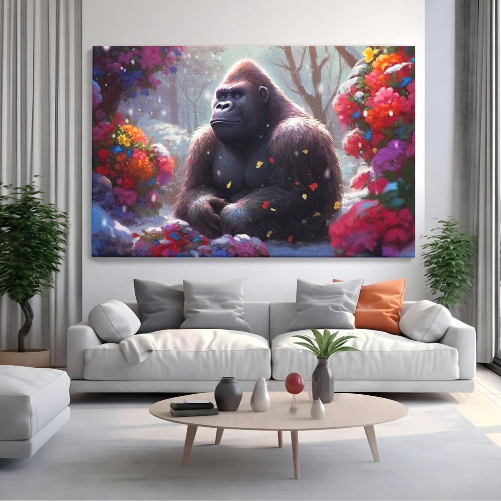 Tablou canvas cu tablou canvas cu gorila si flori, fara rama, pe sasiu de lemn, pe perete intr-un living