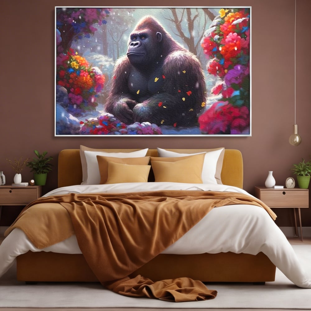Tablou canvas cu tablou canvas cu gorila si flori, in rama de aluminiu argintiu, pe perete intr-un dormitor