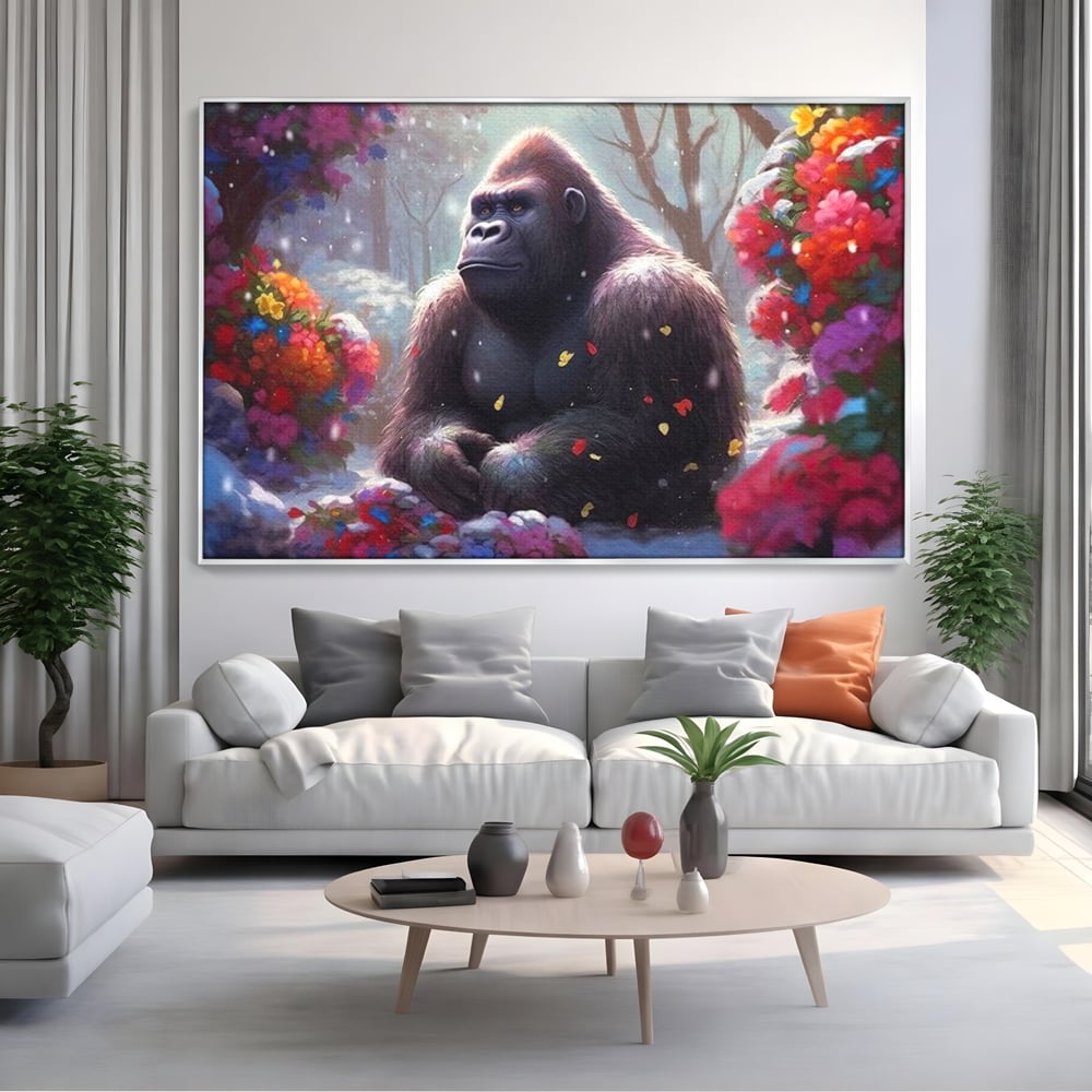 Tablou canvas cu tablou canvas cu gorila si flori, in rama de aluminiu argintiu, pe perete intr-un living