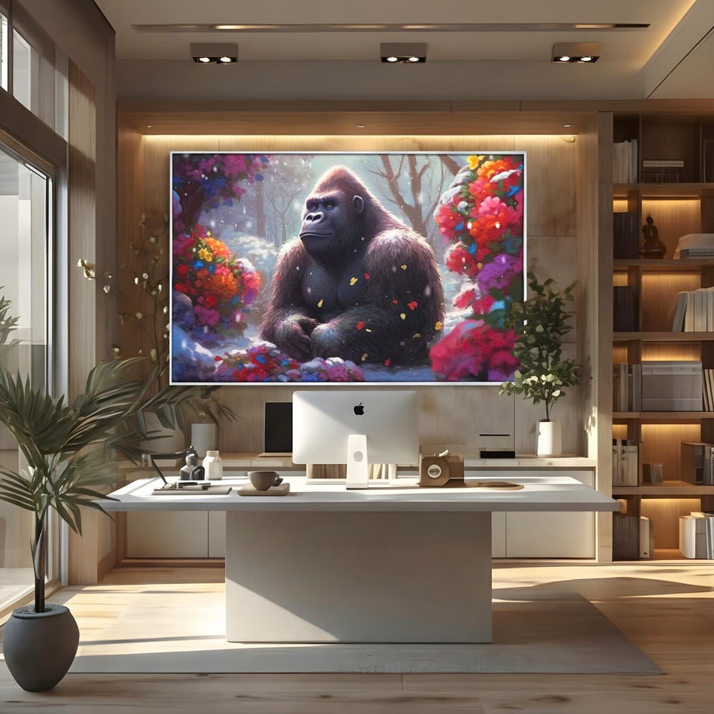 Tablou canvas cu tablou canvas cu gorila si flori, in rama de aluminiu argintiu, pe perete intr-un birou