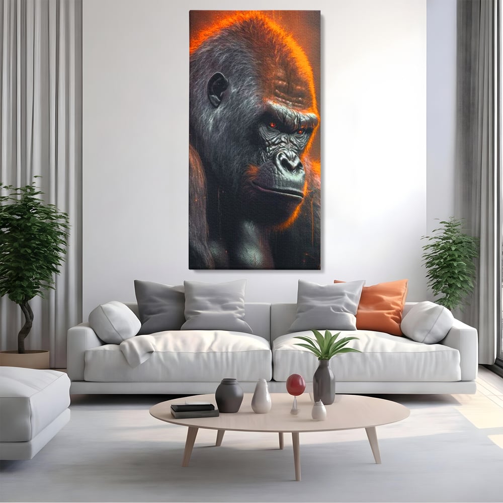 Tablou canvas cu tablou canvas cu gorila furioasa, fara rama, pe sasiu de lemn, pe perete intr-un living