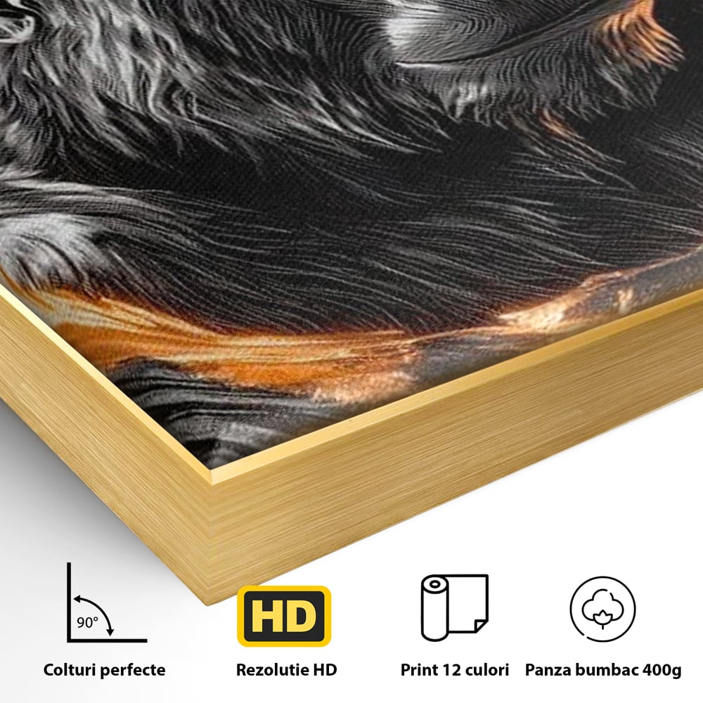 Detaliu al suprafetei: tablou canvas cu gorila si cerc de foc, in rama de aluminiu auriu