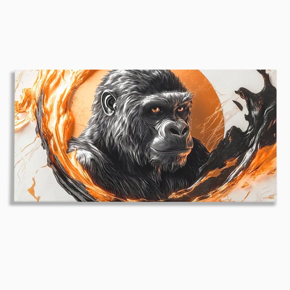 Tablou canvas cu tablou canvas cu gorila si cerc de foc, fara rama, pe sasiu de lemn