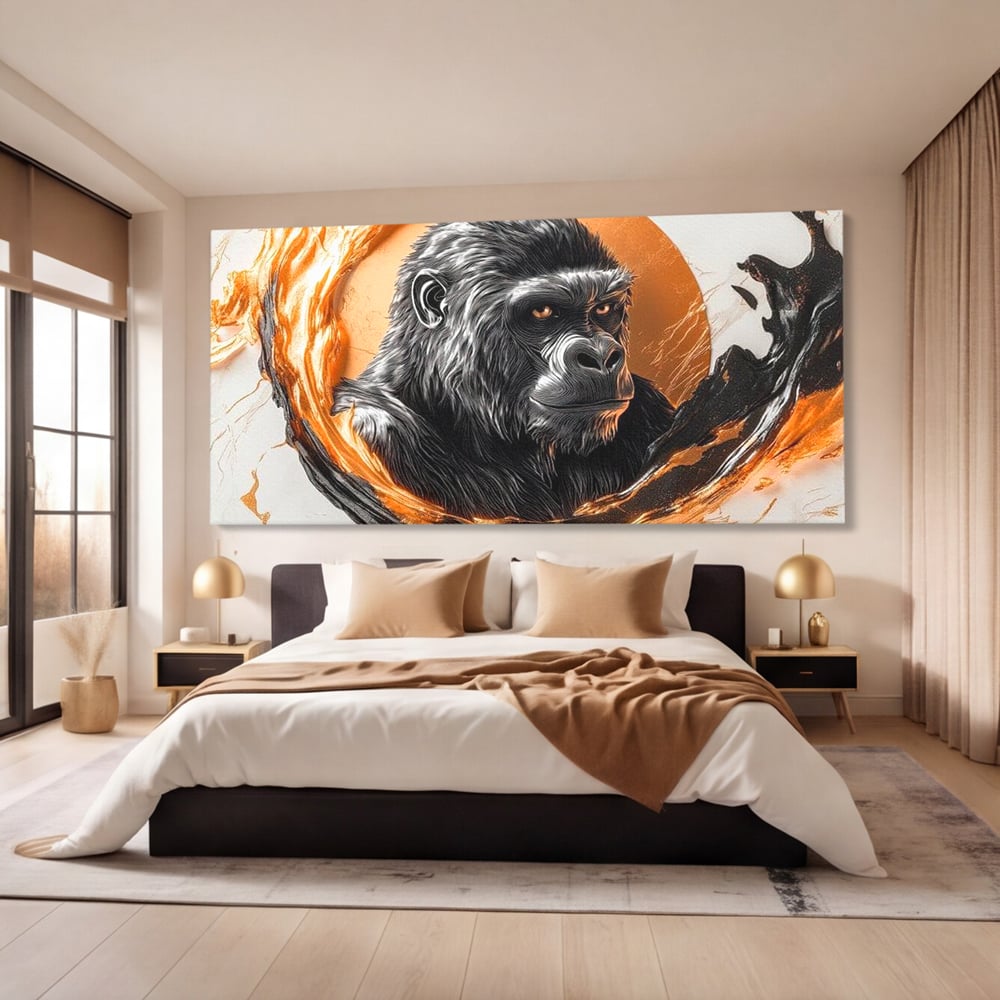 Tablou canvas cu tablou canvas cu gorila si cerc de foc, fara rama, pe sasiu de lemn, pe perete intr-un dormitor