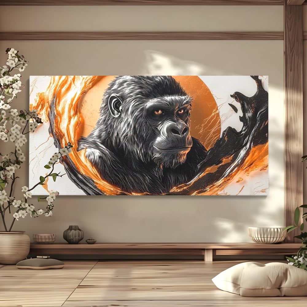 Tablou canvas cu tablou canvas cu gorila si cerc de foc, fara rama, pe sasiu de lemn